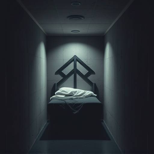 Celda de aislamiento, con una cama simple y poco espacio.