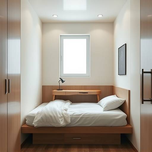 Celda moderna con cama individual, escritorio y ventana pequeña