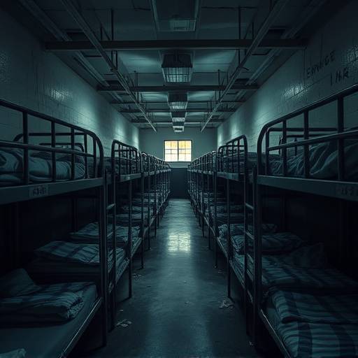 Imagen de un dormitorio comunitario espacioso pero con literas apretadas, mostrando numerosos reclusos en un ambiente compartido con poca privacidad y áreas comunes limitadas.